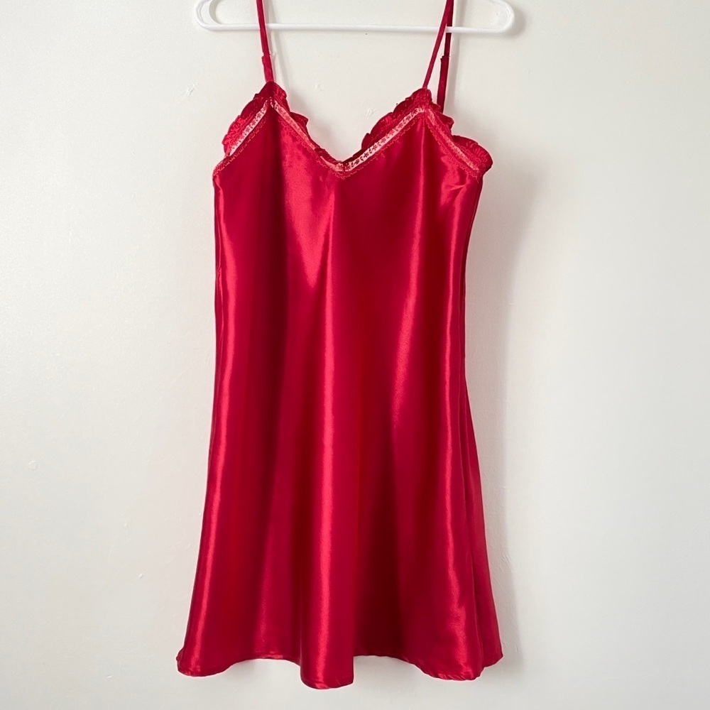 Vintage Aegean Apparel Elegant Red Satin Lace Trim Slip Dress Babydoll Coquette